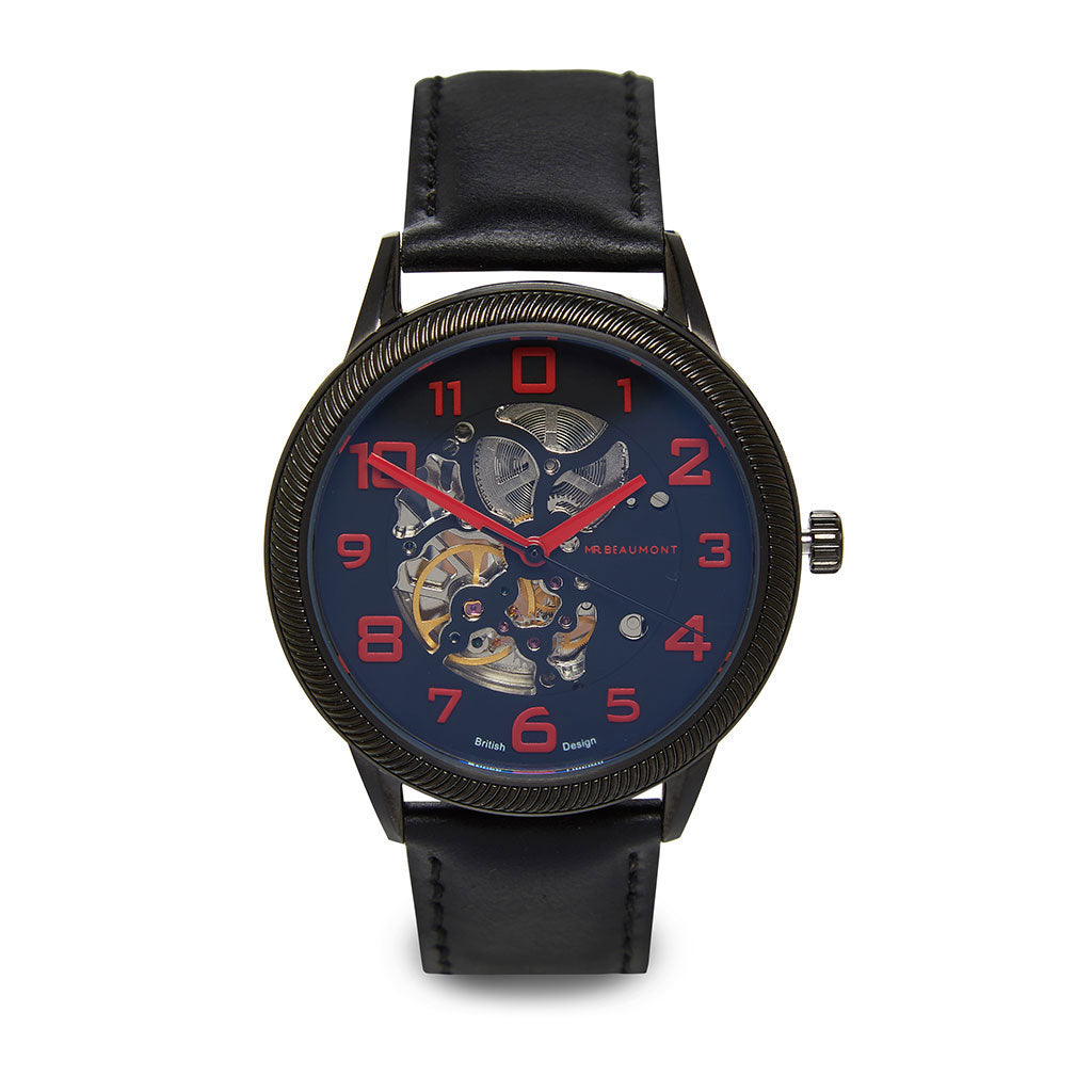 Mr Beaumont Automatic Skeleton Watch Black Case Black Leather Strap