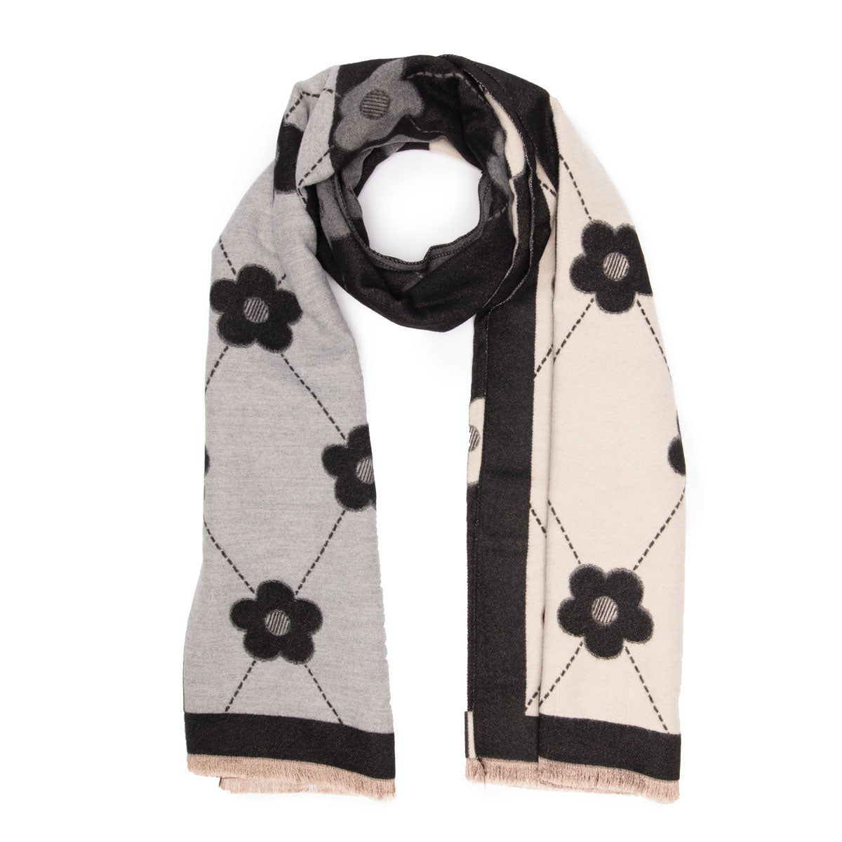 Winter Scarf - Black / White & Grey Daisy