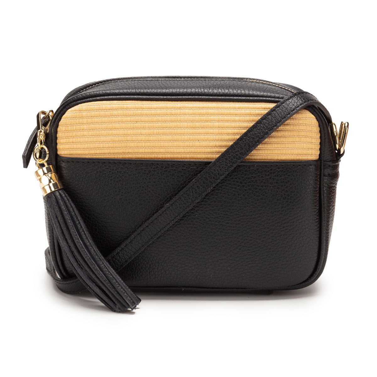 Frontal Image of a Black Raffia Tassel Leather Bag for Women by Elie Beaumont