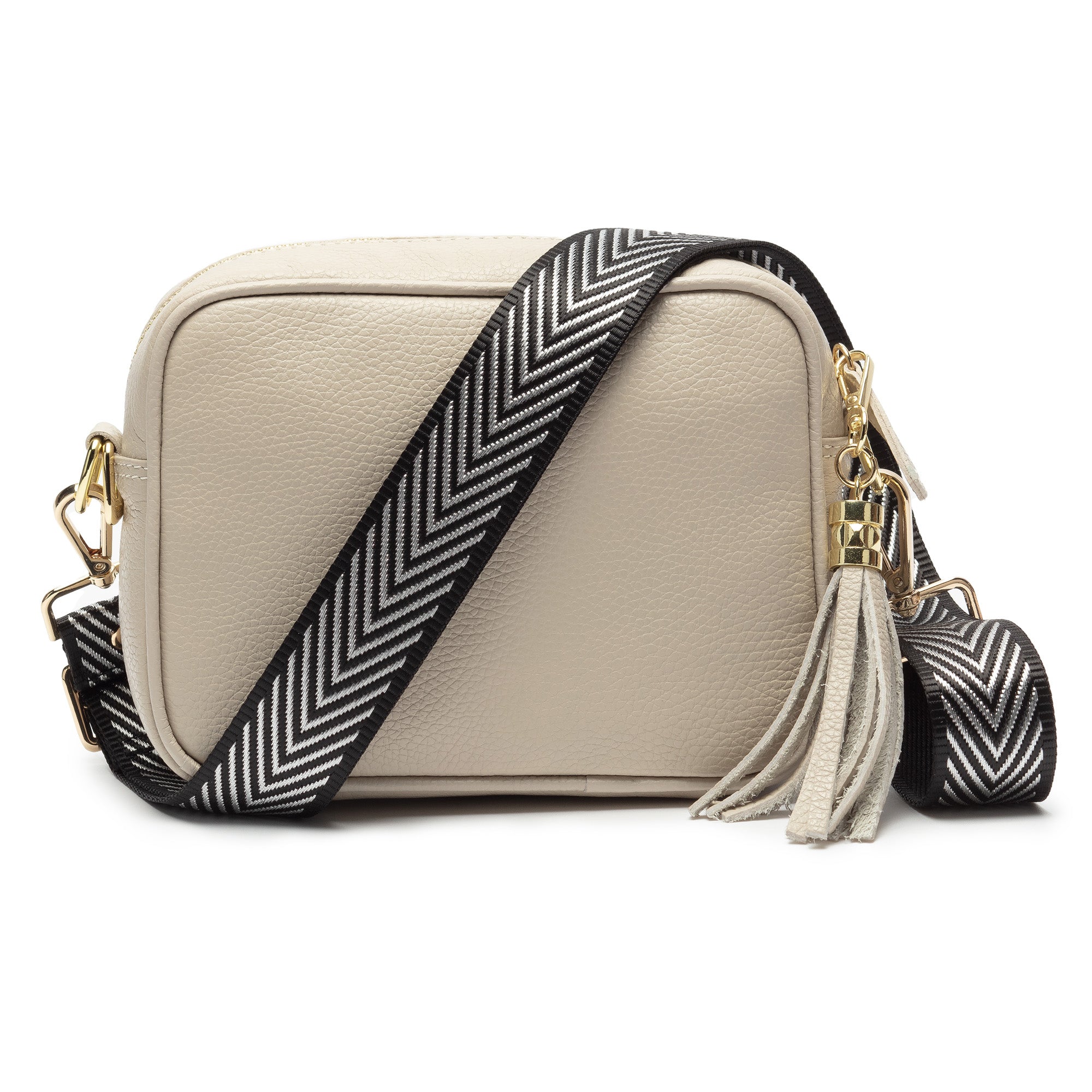 Dark Grey Leather Crossbody Bag With Black & Silver Chevron Strap